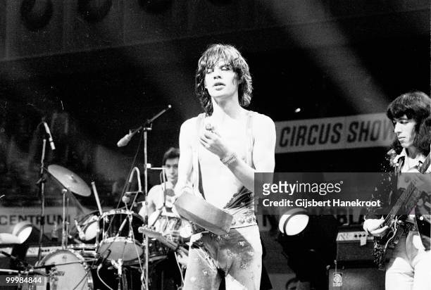 The Rolling Stones perform live at Ahoy in Rotterdam, Netherlands on October 13 1973 L-R Charlie Watts, Mick Jagger, Bill Wyman