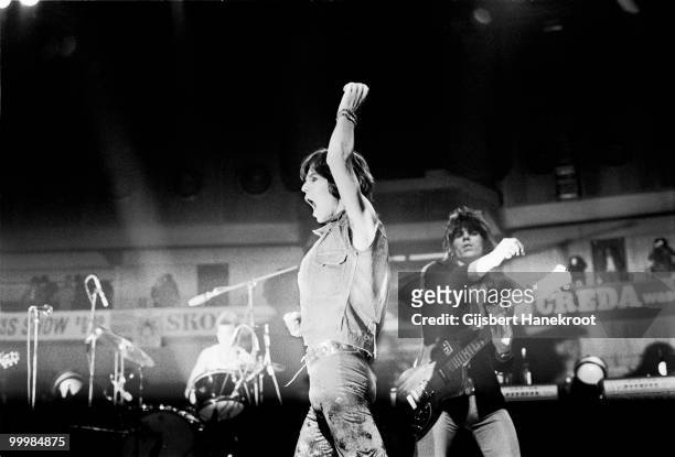 The Rolling Stones performs live at Ahoy in Rotterdam, Netherlands on October 13 1973 L-R Mick Jagger, Keith Richards