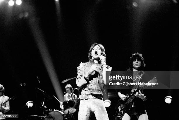 The Rolling Stones perform live at Ahoy in Rotterdam, Netherlands on October 13 1973 L-R Charlie Watts, Mick Jagger, Keith Richards