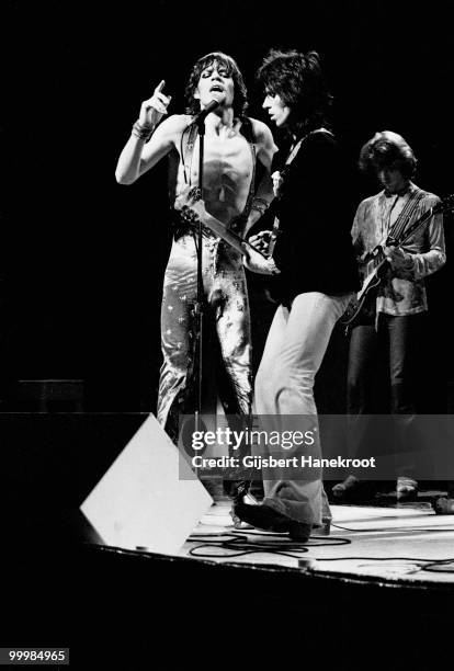 The Rolling Stones perform live at Ahoy in Rotterdam, Netherlands on October 13 1973 L-R Mick Jagger, Keith Richards, Mick Taylor