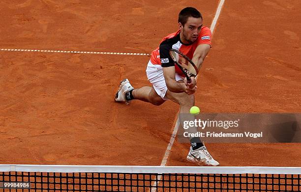 Viktor Troicki of Serbia in action during the double match against Jeremy Chardy and Nicolas Mahut of France during day four of the ARAG World Team...