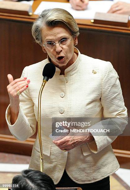French Justice State minister Michele Alliot-Marie speaks during the session of questions to the government on May 19, 2010 at the National Assembly...