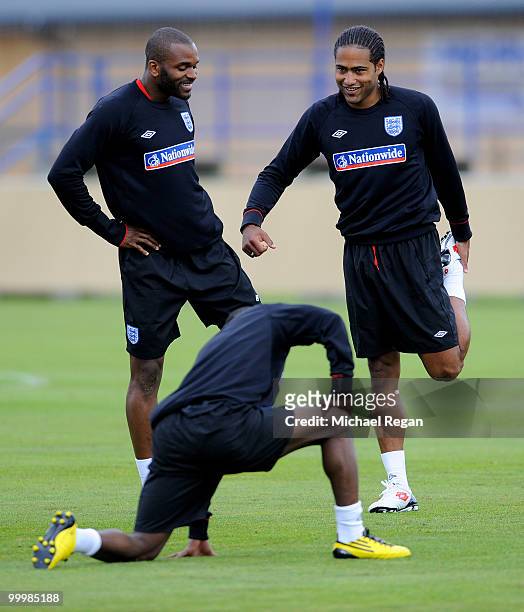 Darren Bent shares a joke with Glenn Johnson during an England training session on May 19, 2010 in Irdning, Austria.