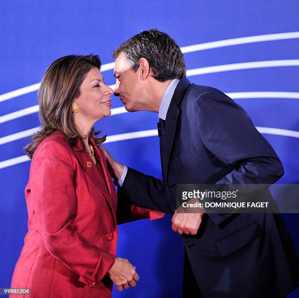 Spain's Prime Minister Jose Luis Rodriguez Zapatero greets Costa Rican President Laura Chinchilla before the meeting of the EU-Central America summit...