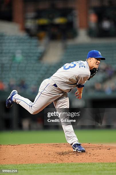 Zack Greinke of the Kansas City Royals pitches against the Baltimore Orioles at Camden Yards on May 18, 2010 in Baltimore, Maryland.