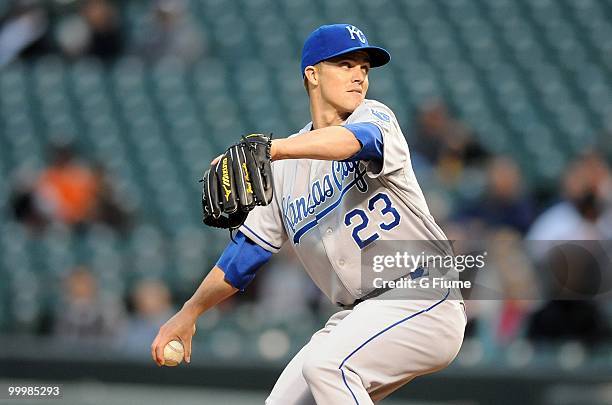 Zack Greinke of the Kansas City Royals pitches against the Baltimore Orioles at Camden Yards on May 18, 2010 in Baltimore, Maryland.