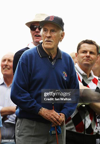 Entertainer Bruce Forsyth reacts to a shot during the Pro-Am round prior to the BMW PGA Championship on the West Course at Wentworth on May 19, 2010...