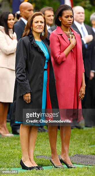 First lady Michelle Obama and Mexican first lady Margarita Zavala listen to each countries' national anthem during a welcoming ceremony on the South...