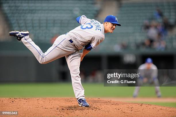 Zack Greinke of the Kansas City Royals pitches against the Baltimore Orioles at Camden Yards on May 18, 2010 in Baltimore, Maryland.