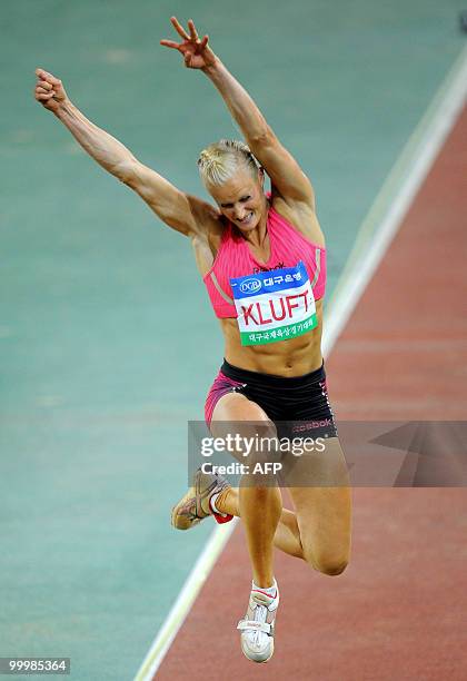 Carolina Kluft of Sweden takes part in the women's long jump event of the Daegu Pre-Championships Meeting in Daegu, southeast of Seoul, on May 19,...