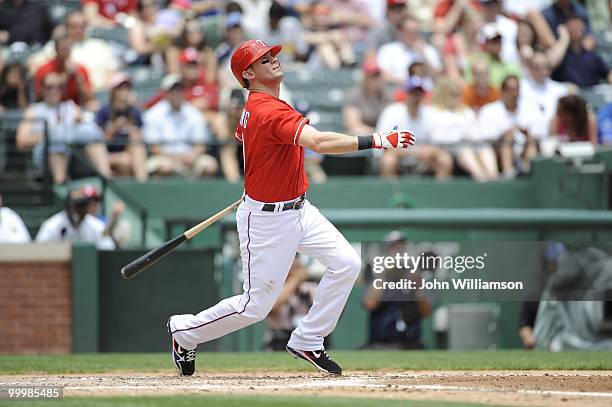 Michael Young of the Texas Rangers bats during the game against the Oakland Athletics at Rangers Ballpark in Arlington in Arlington, Texas on...