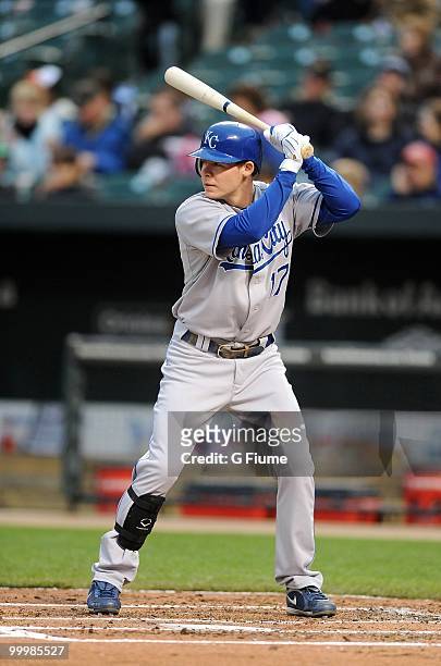 Chris Getz of the Kansas City Royals bats against the Baltimore Orioles at Camden Yards on May 18, 2010 in Baltimore, Maryland.