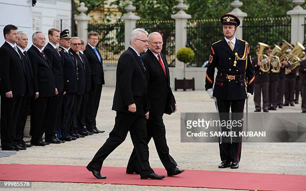 Croatian President, Ivo Josipovic and Slovak President Ivan Gasparovic inspect the honour guards before their meeting in Bratislava on May 19, 2010....