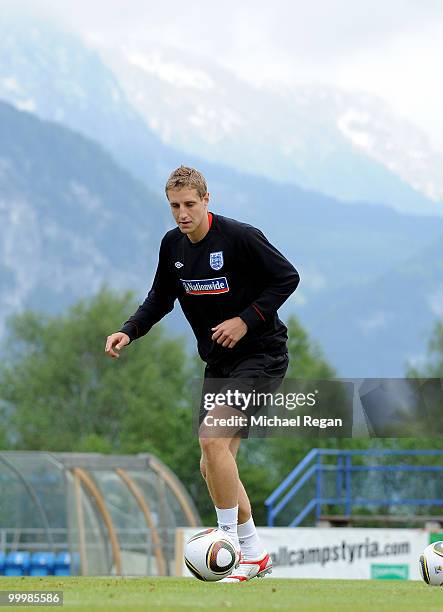 Michael Dawson plays the ball during an England training session on May 19, 2010 in Irdning, Austria.