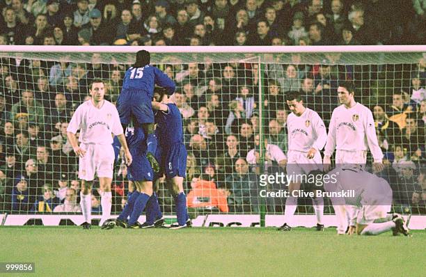 Eidur Gudjohnsen of Chelsea celebrates scoring with his team mates during the match between Leeds United and Chelsea in the Worthington Cup Fourth...