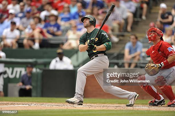 Kevin Kouzmanoff of the Oakland Athletics bats during the game against the Texas Rangers at Rangers Ballpark in Arlington in Arlington, Texas on...