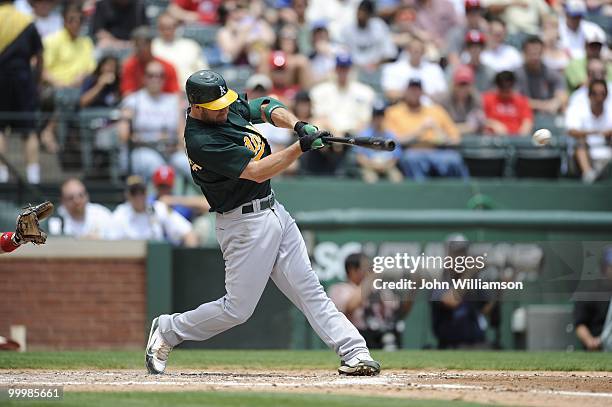 Kevin Kouzmanoff of the Oakland Athletics bats during the game against the Texas Rangers at Rangers Ballpark in Arlington in Arlington, Texas on...