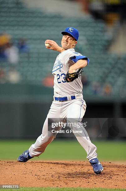 Zack Greinke of the Kansas City Royals pitches against the Baltimore Orioles at Camden Yards on May 18, 2010 in Baltimore, Maryland.