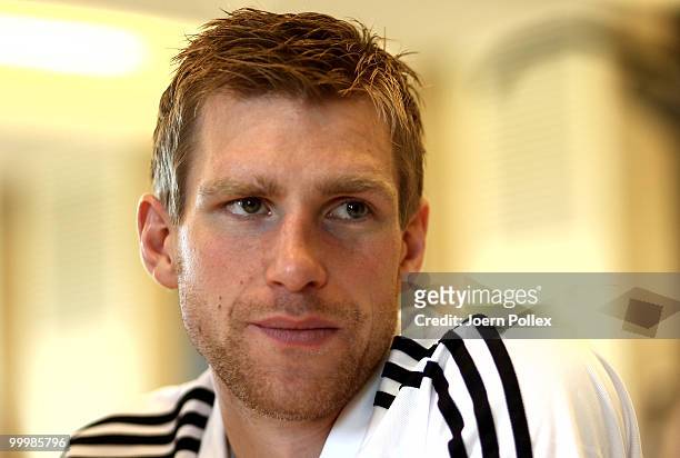 Per Mertesacker of Germany is pictured during a press conference at Verdura Golf and Spa Resort on May 19, 2010 in Sciacca, Italy.