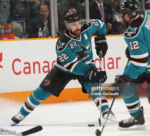 Dan Boyle of the San Jose Sharks moves the puck through traffic in Game One of the Western Conference Finals during the 2010 NHL Stanley Cup Playoffs...