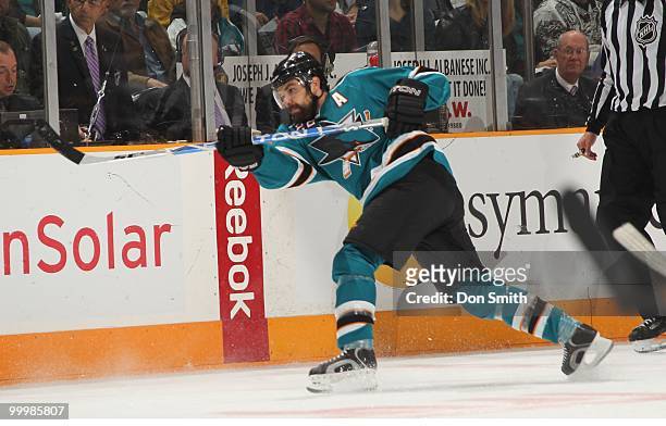 Dan Boyle of the San Jose Sharks shoots from the point in Game One of the Western Conference Finals during the 2010 NHL Stanley Cup Playoffs against...