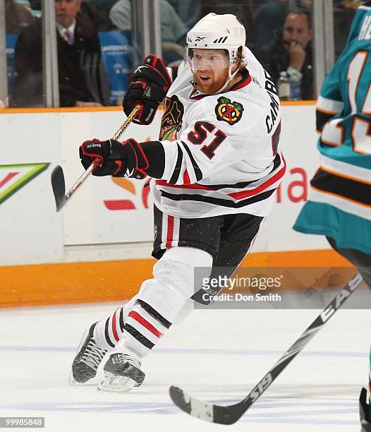 Brian Campbell of the Chicago Blackhawks passes the puck in Game One of the Western Conference Finals during the 2010 NHL Stanley Cup Playoffs...