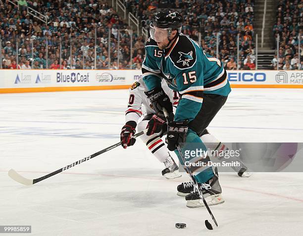 Dany Heatley of the San Jose Sharks looks to pass the puck in Game One of the Western Conference Finals during the 2010 NHL Stanley Cup Playoffs...