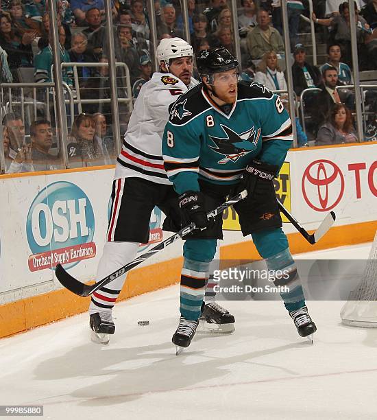 Joe Pavelski of the San Jose Sharks skates off a hit in Game One of the Western Conference Finals during the 2010 NHL Stanley Cup Playoffs against...