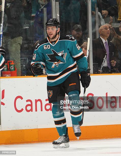 Jason Demers of the San Jose Sharks celebrates a goal in Game One of the Western Conference Finals during the 2010 NHL Stanley Cup Playoffs against...