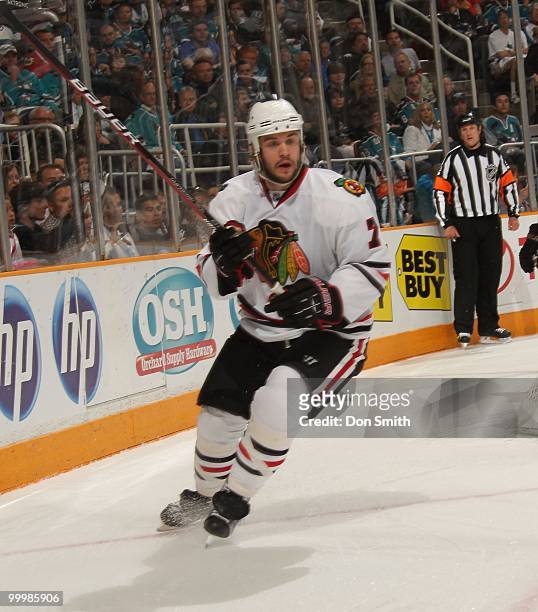Brent Seabrook of the Chicago Blackhawks skates behind the net in Game One of the Western Conference Finals during the 2010 NHL Stanley Cup Playoffs...