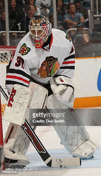 Antti Niemi of the Chicago Blackhawks guards the side of the net in Game One of the Western Conference Finals during the 2010 NHL Stanley Cup...