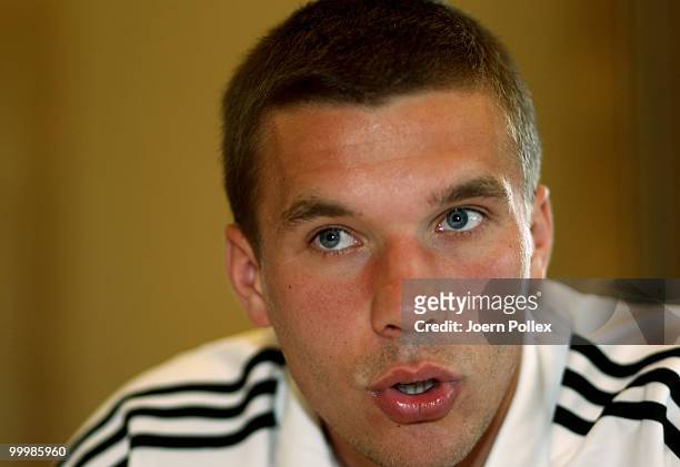 Lukas Podolski of Germany is pictured during a press conference at Verdura Golf and Spa Resort on May 19, 2010 in Sciacca, Italy.