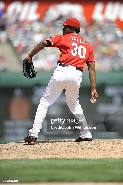 Neftali Feliz of the Texas Rangers pitches during the game against the Oakland Athletics at Rangers Ballpark in Arlington in Arlington, Texas on...