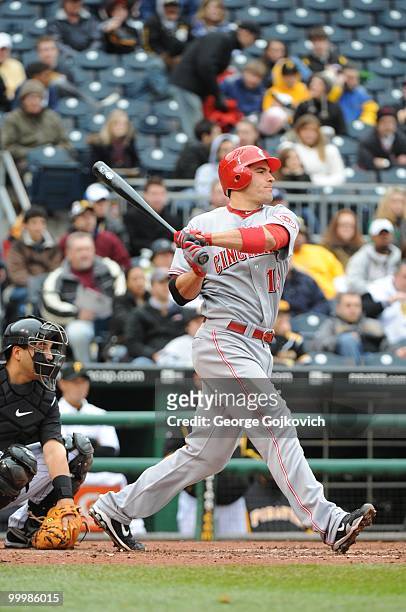 First baseman Joey Votto of the Cincinnati Reds bats during a Major League Baseball game against the Pittsburgh Pirates at PNC Park on April 18, 2010...