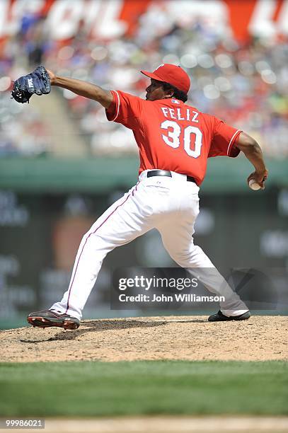 Neftali Feliz of the Texas Rangers pitches during the game against the Oakland Athletics at Rangers Ballpark in Arlington in Arlington, Texas on...