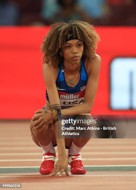 Vashti Cunningham of the USA reacts during the Women's High Jump during Day Two of the Athletics World Cup at London Stadium 2018 on July 15, 2018 in...