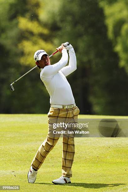 Pablo Larrazabal of Spain plays an iron shot during the Pro-Am round prior to the BMW PGA Championship on the West Course at Wentworth on May 19,...