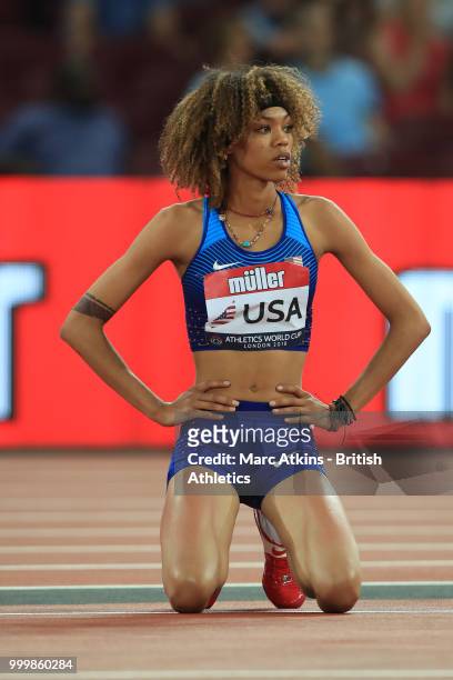 Vashti Cunningham of the USA reacts during the Women's High Jump during Day Two of the Athletics World Cup at London Stadium 2018 on July 15, 2018 in...