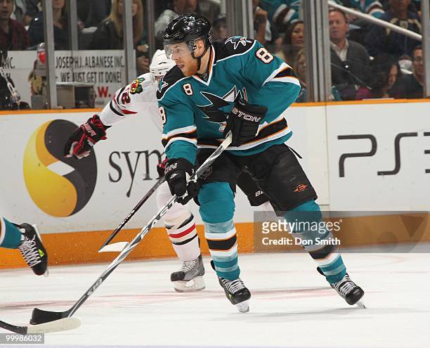Joe Pavelski of the San Jose Sharks skates with the puck in Game One of the Western Conference Finals during the 2010 NHL Stanley Cup Playoffs...