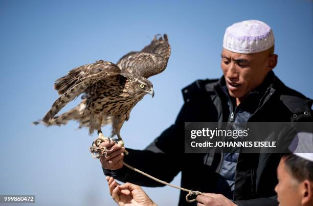 This picture taken on March 2, 2018 shows an ethnic Hui Muslim man holding a raptor on a rope in the suburbs of Linxia, China's Gansu province. -...