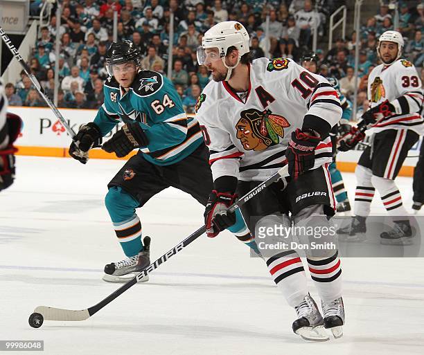 Patrick Sharp of the Chicago Blackhawks settles the puck in Game One of the Western Conference Finals during the 2010 NHL Stanley Cup Playoffs...
