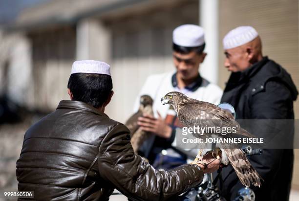 This picture taken on March 2, 2018 shows an ethnic Hui Muslim man holding a raptor on a rope in the suburbs of Linxia, China's Gansu province. -...