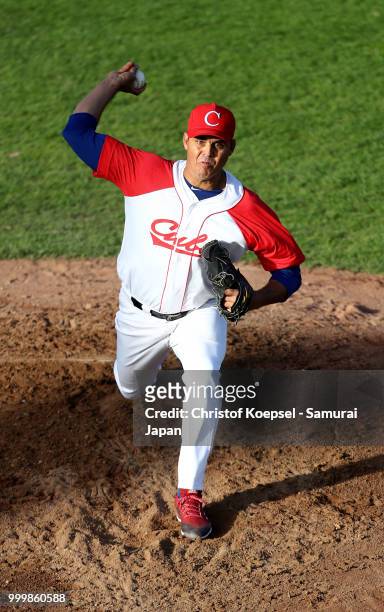 Yosvani Torres Gomez of Cuba pitches in the first inning during the Haarlem Baseball Week game between Cuba and Japan at Pim Mulier Stadion on July...