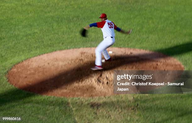 Yosvani Torres Gomez of Cuba pitches in the first inning during the Haarlem Baseball Week game between Cuba and Japan at Pim Mulier Stadion on July...