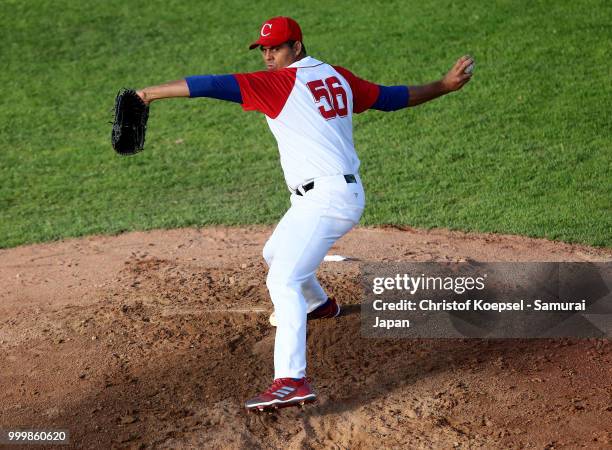 Yosvani Torres Gomez of Cuba pitches in the first inning during the Haarlem Baseball Week game between Cuba and Japan at Pim Mulier Stadion on July...