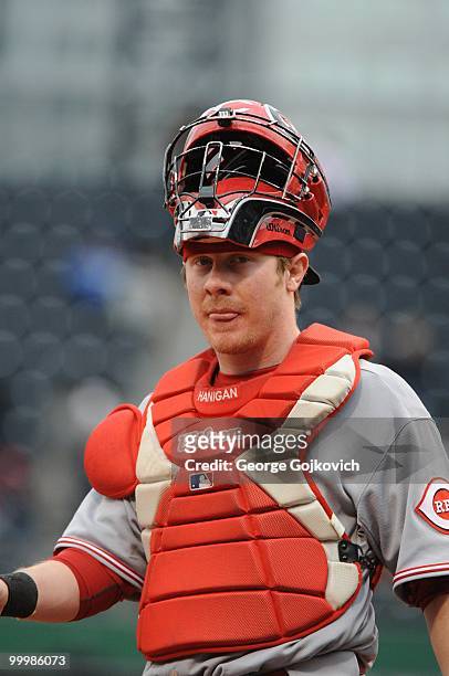 Catcher Ryan Hanigan of the Cincinnati Reds looks on from the field during a Major League Baseball game against the Pittsburgh Pirates at PNC Park on...