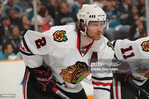 Duncan Keith of the Chicago Blackhawks lines up for a faceoff in Game One of the Western Conference Finals during the 2010 NHL Stanley Cup Playoffs...