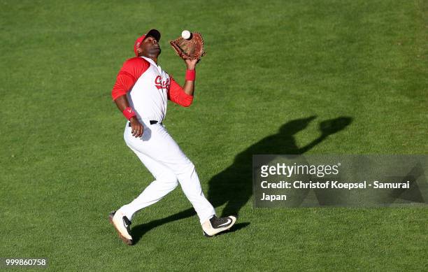 Yasiel Santoya Zulueta of Cuba catches a ball int eh first inning during the Haarlem Baseball Week game between Cuba and Japan at Pim Mulier Stadion...