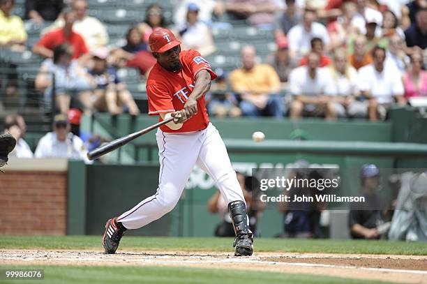 Designated hitter Vladimir Guerrero of the Texas Rangers bats during the game against the Oakland Athletics at Rangers Ballpark in Arlington in...