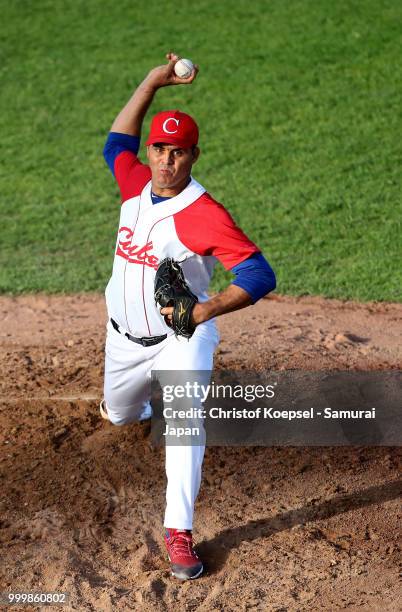 Yosvani Torres Gomez of Cuba pitches in the first inning during the Haarlem Baseball Week game between Cuba and Japan at Pim Mulier Stadion on July...